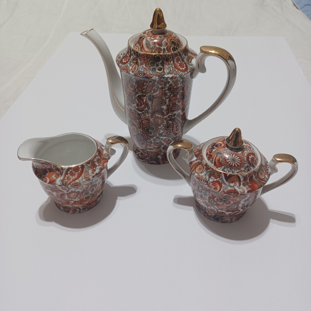 ARNART 5TH AVE ROYAL PAISLEY #1714 RUST CHINTZ DEMITASSE 3-PC MINI SET 1950s-60s
